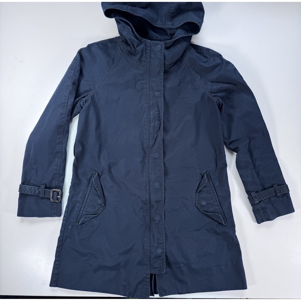 J CREW Hooded Cotton Canvas Trench Utility Jacket Coat Womens 0‎ Blue Pockets